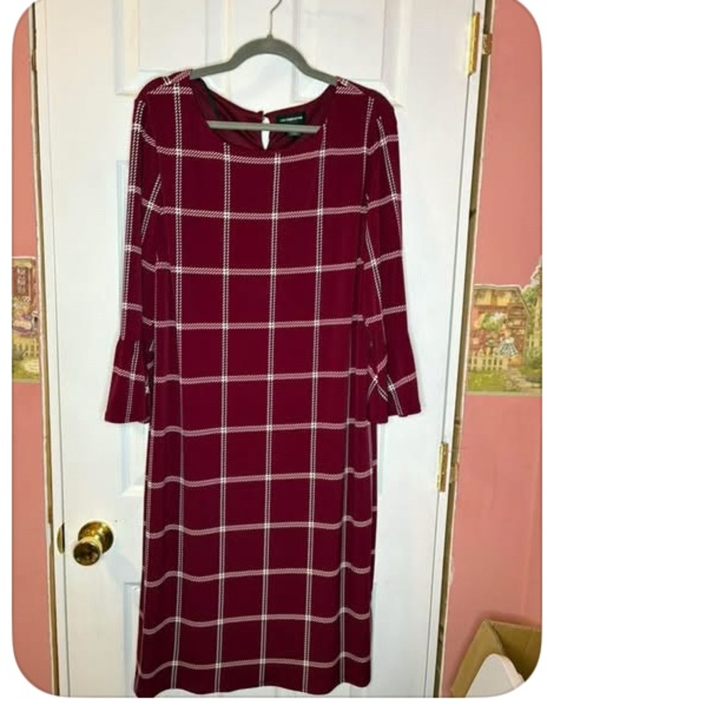 Liz Claiborne Maroon Checkered Long Sleeve Dress XL $25